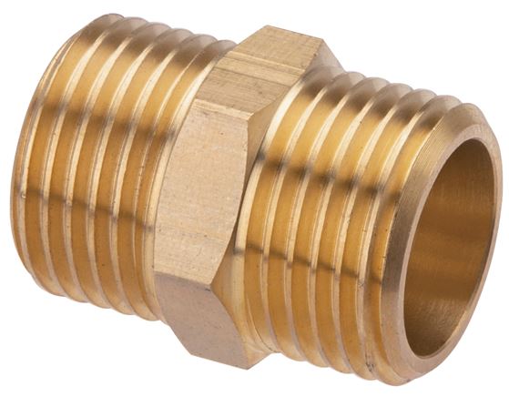 Exemplary representation: Double nipple with cylindrical thread, flat sealing, brass