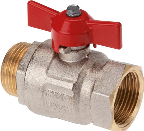 Exemplary representation: Screw-in ball valve, 2-part, full bore, short design, toggle handle