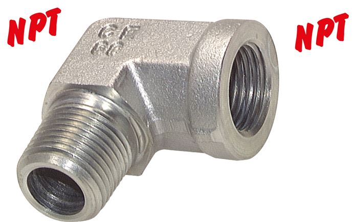 Exemplary representation: 90° screw-in angle with NPT thread (female/male), galvanised steel