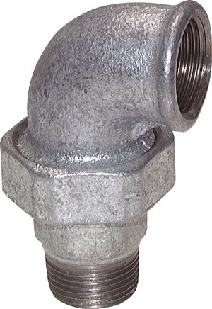 Exemplary representation: Elbow fitting with female and male thread, conical sealing, galvanised malleable cast iron